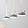 Triple Light Scandinavian Wood Beam Pendant Lamp with Ceramic Bird Accents | High & Bury