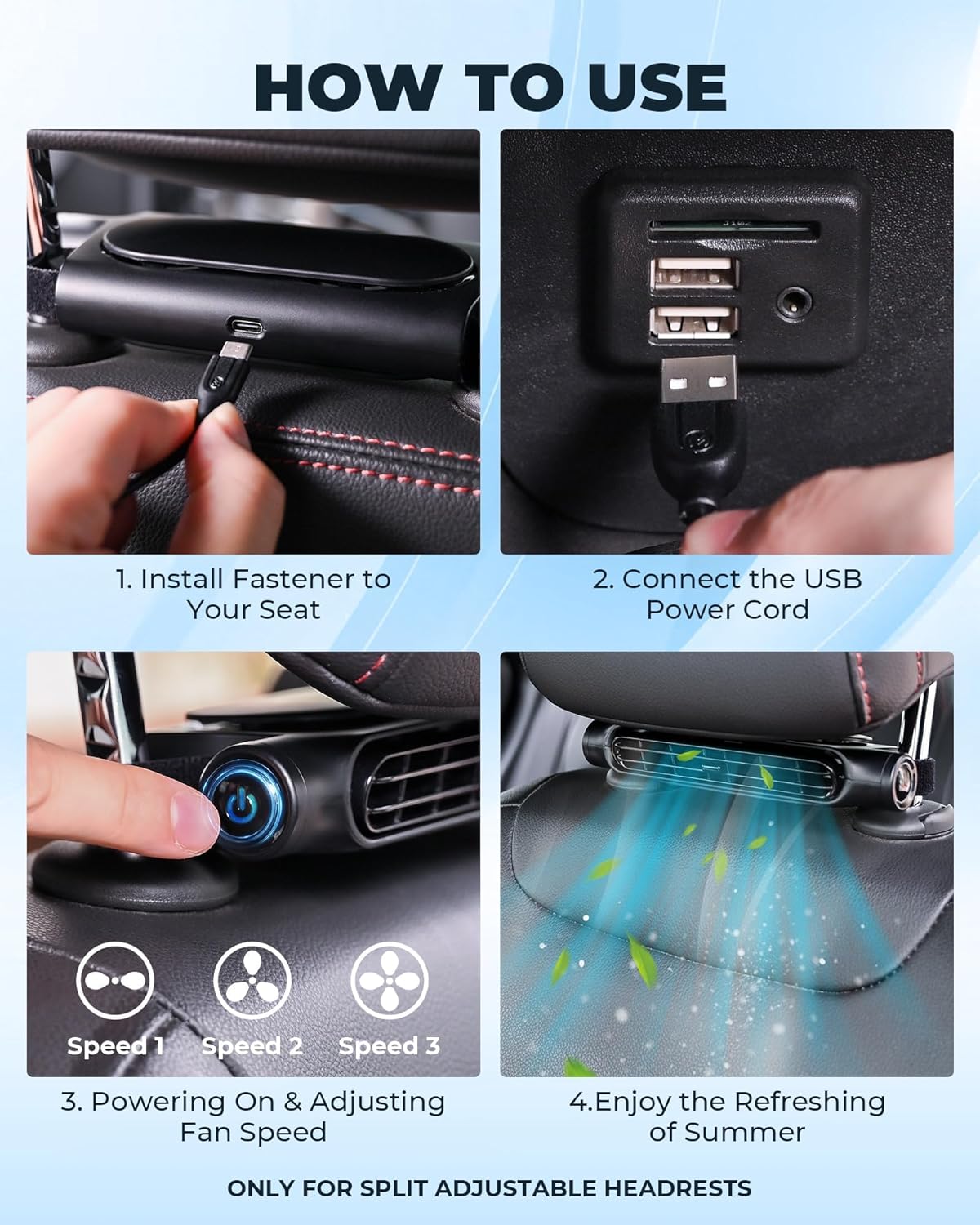 USB Car Cooling Fan Set of 2, 3 Speeds, Headrest Mount, 5 V, view 8