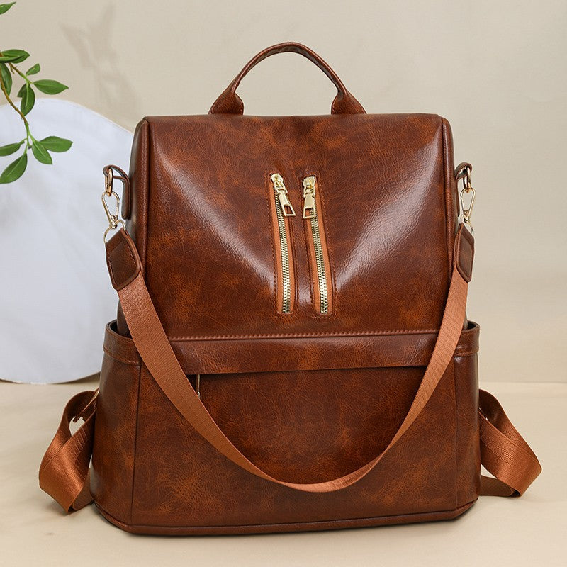 Vegan Leather Backpack with Front Zip Pockets and Adjustable Straps