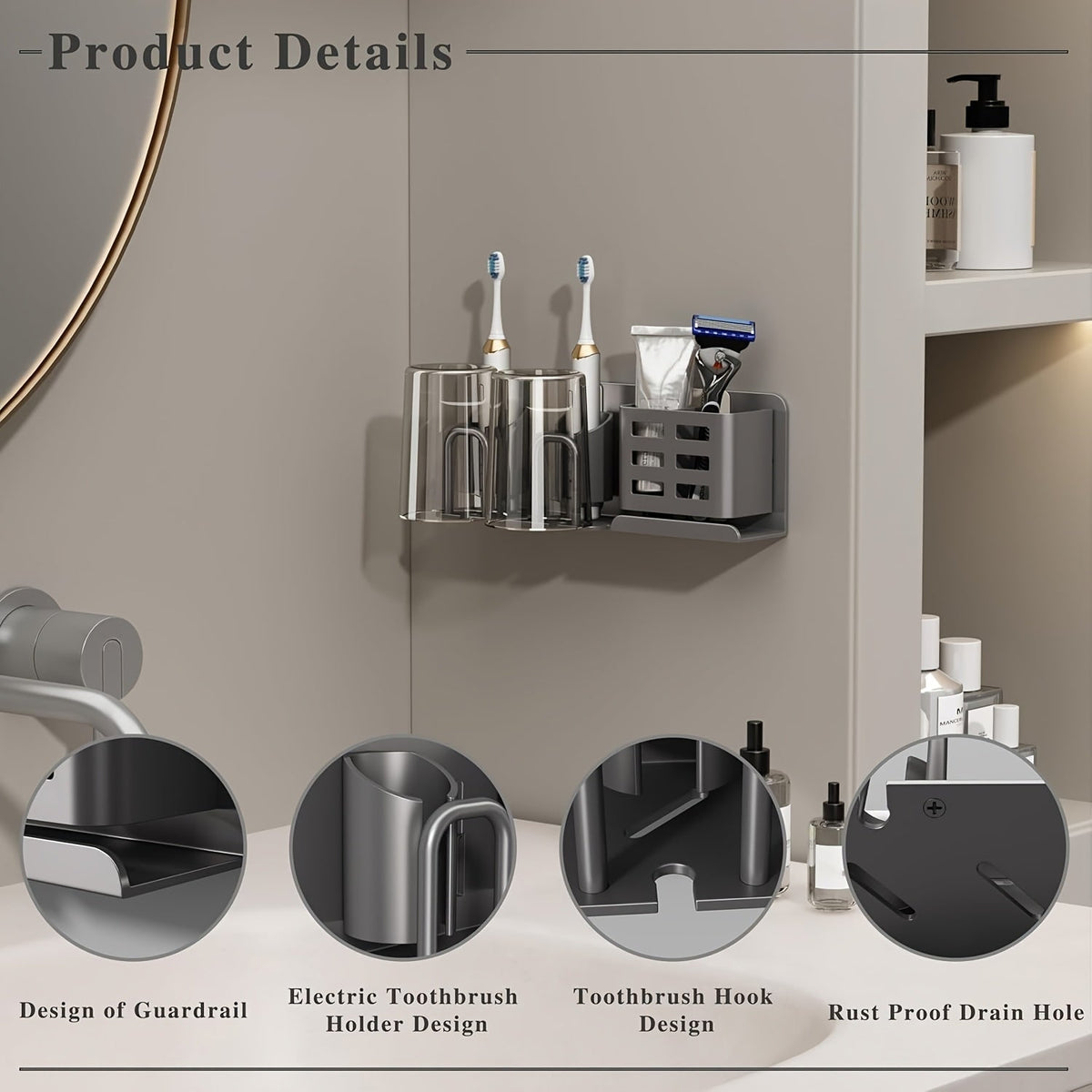 Wall-Mounted Aluminium Toothbrush Holder with Drainage Holes, view 4