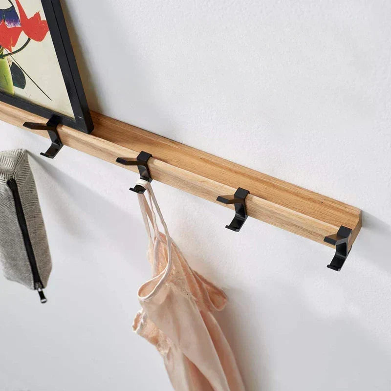 Wall-Mounted Coat Rack with 5 Movable Double Hooks, Rubber Wood & Aluminium, view 2