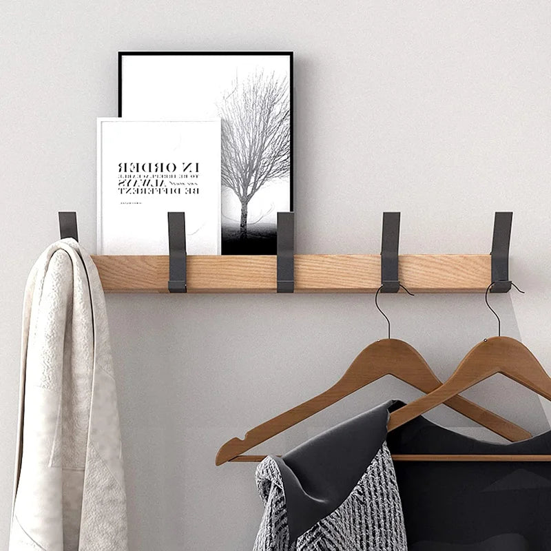 Wall-Mounted Coat Rack with 5 Movable Double Hooks, Rubber Wood & Aluminium, view 3