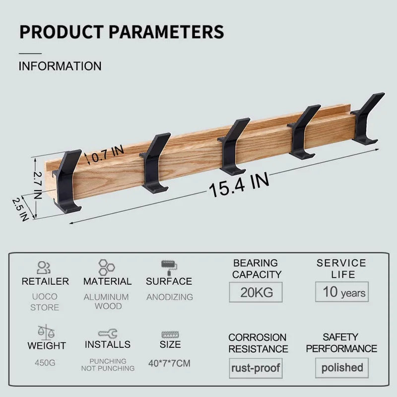 Wall-Mounted Coat Rack with 5 Movable Double Hooks, Rubber Wood & Aluminium, view 5