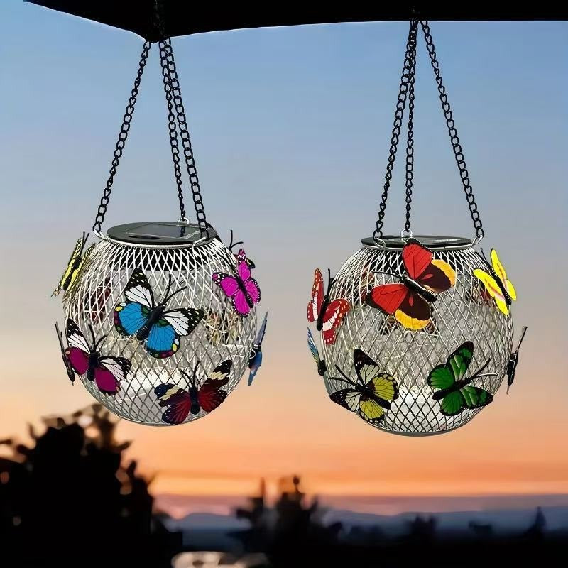 Weatherproof Hanging Solar LED Lanterns for Outdoor Use with Metal Cage, Warm Glass, and Hanging Chain | High & Bury