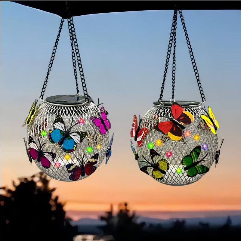 Weatherproof Hanging Solar LED Lanterns for Outdoor Use with Metal Cage, Warm Glass, and Hanging Chain | High & Bury