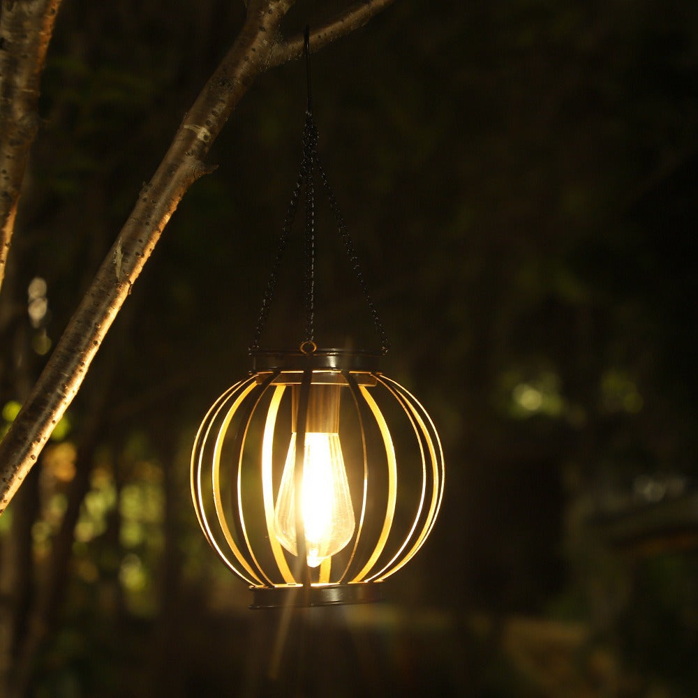 Weatherproof Hanging Solar LED Lanterns for Outdoor Use with Metal Cage, Warm Glass, and Hanging Chain | High & Bury