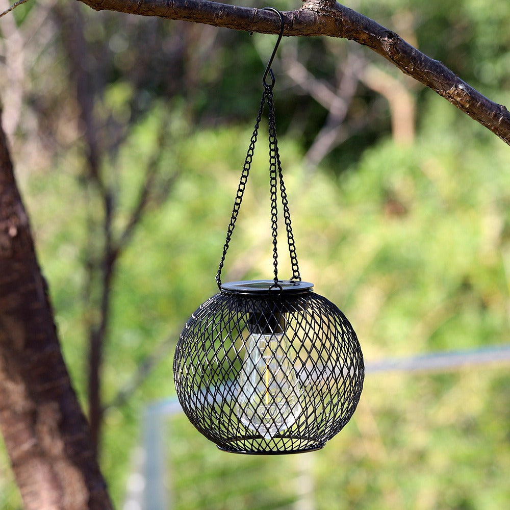 Weatherproof Hanging Solar LED Lanterns for Outdoor Use with Metal Cage, Warm Glass, and Hanging Chain | High & Bury