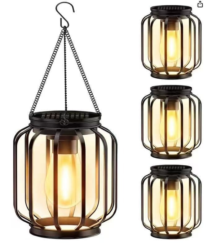 Weatherproof Hanging Solar LED Lanterns for Outdoor Use with Metal Cage, Warm Glass, and Hanging Chain | High & Bury