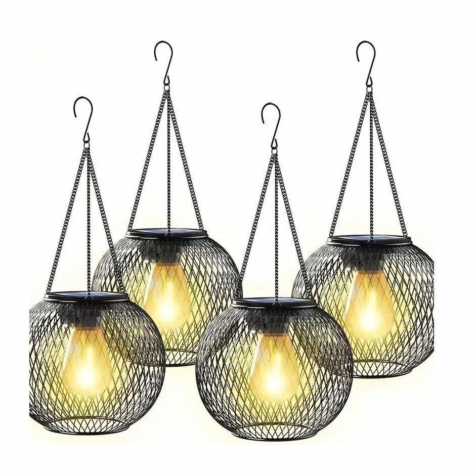 Weatherproof Hanging Solar LED Lanterns for Outdoor Use with Metal Cage, Warm Glass, and Hanging Chain | High & Bury