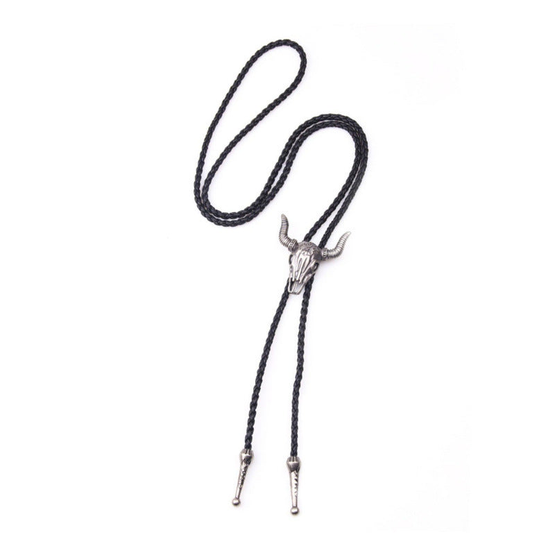Western-Style Bolo Tie with Leather Cords and Floral Silver-Tone Slide, view 11