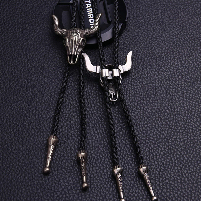Western-Style Bolo Tie with Leather Cords and Floral Silver-Tone Slide, view 14