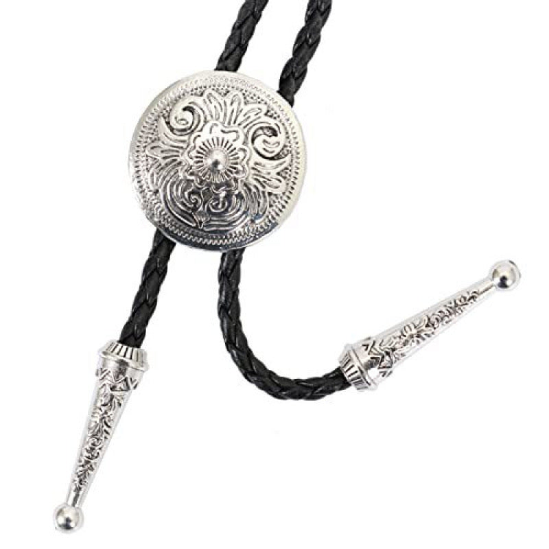 Western-Style Bolo Tie with Leather Cords and Floral Silver-Tone Slide, view 15