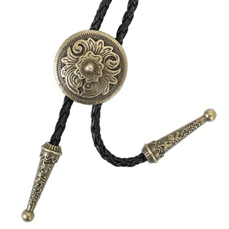 Western-Style Bolo Tie with Leather Cords and Floral Silver-Tone Slide, view 16