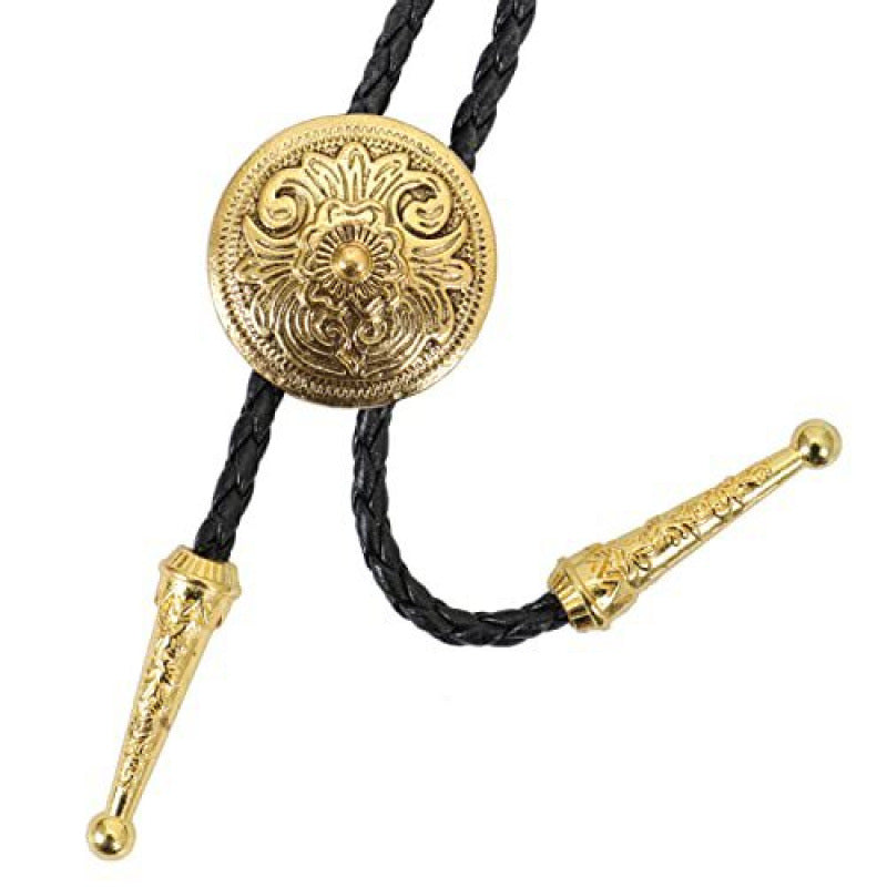 Western-Style Bolo Tie with Leather Cords and Floral Silver-Tone Slide, view 8