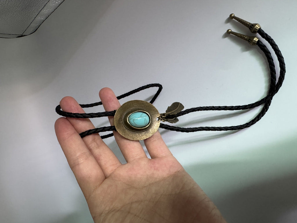 Western-Style Bolo Tie with Leather Cords and Floral Silver-Tone Slide, view 9