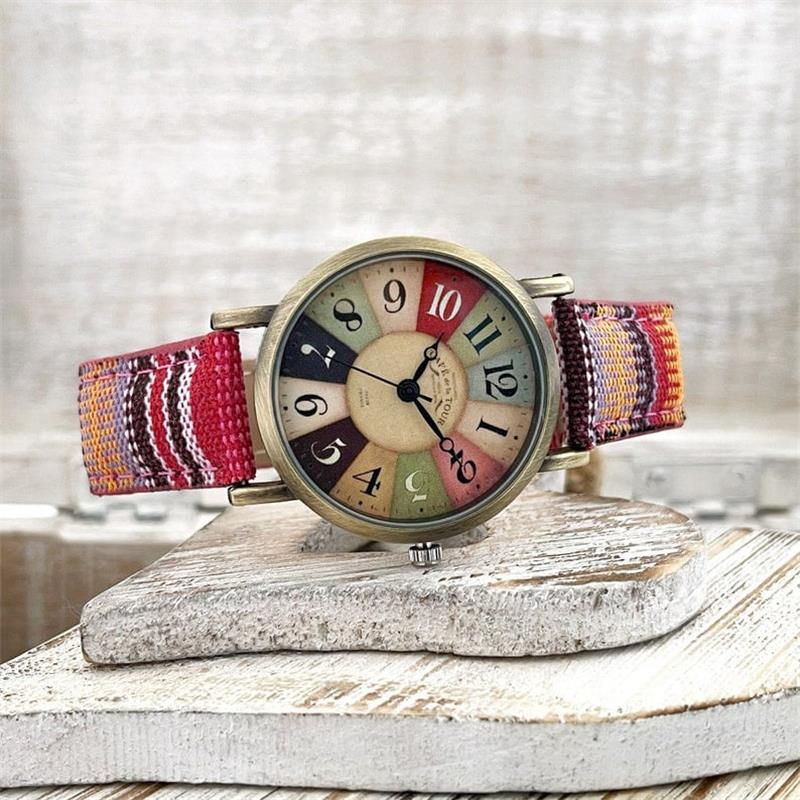 Women's Vintage Bronze Dial Watch with Woven PU Leather Strap, view 5