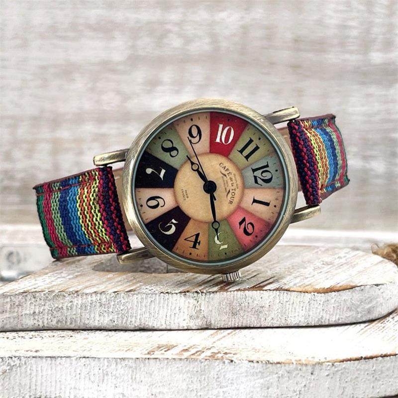 Women's Vintage Bronze Dial Watch with Woven PU Leather Strap
