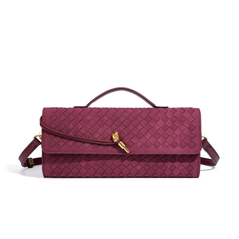 Woven Leather Clutch with Classic Pattern and Clasp Closure, view 11