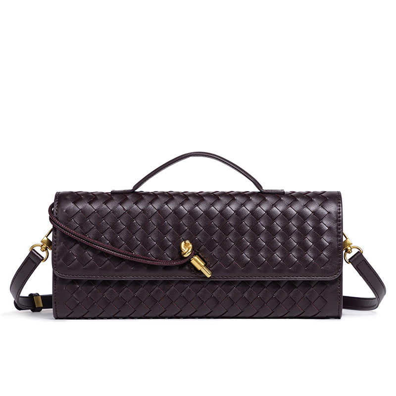 Woven Leather Clutch with Classic Pattern and Clasp Closure, view 13