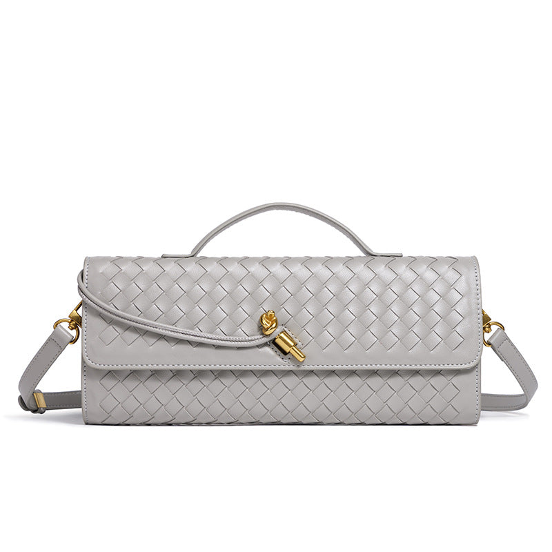 Woven Leather Clutch with Classic Pattern and Clasp Closure, view 15