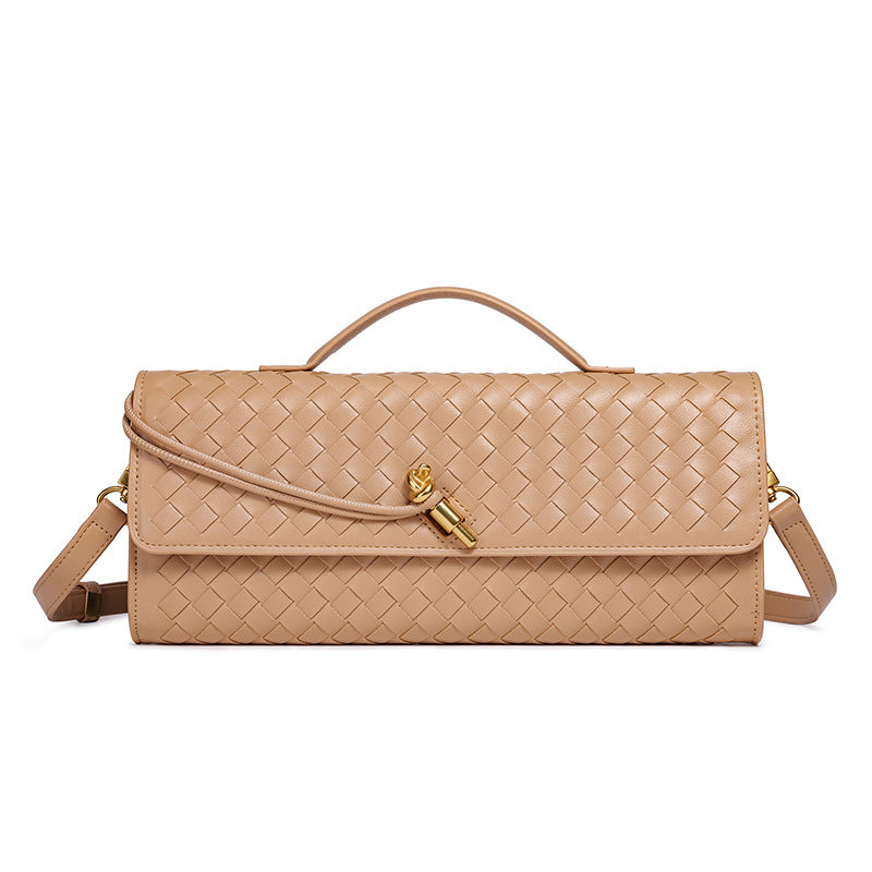 Woven Leather Clutch with Classic Pattern and Clasp Closure, view 2