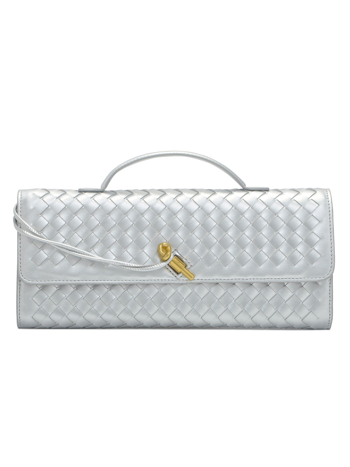 Woven Leather Clutch with Classic Pattern and Clasp Closure, view 20