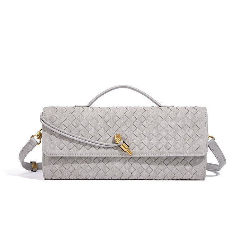 Woven Leather Clutch with Classic Pattern and Clasp Closure, view 23