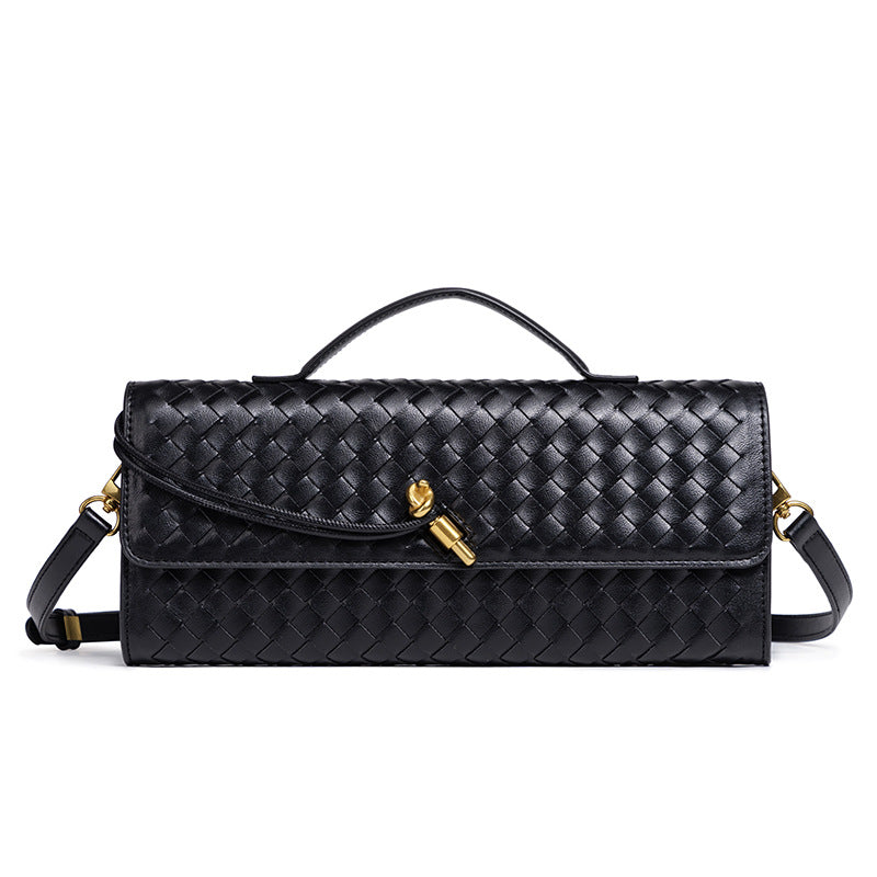 Woven Leather Clutch with Classic Pattern and Clasp Closure, view 4
