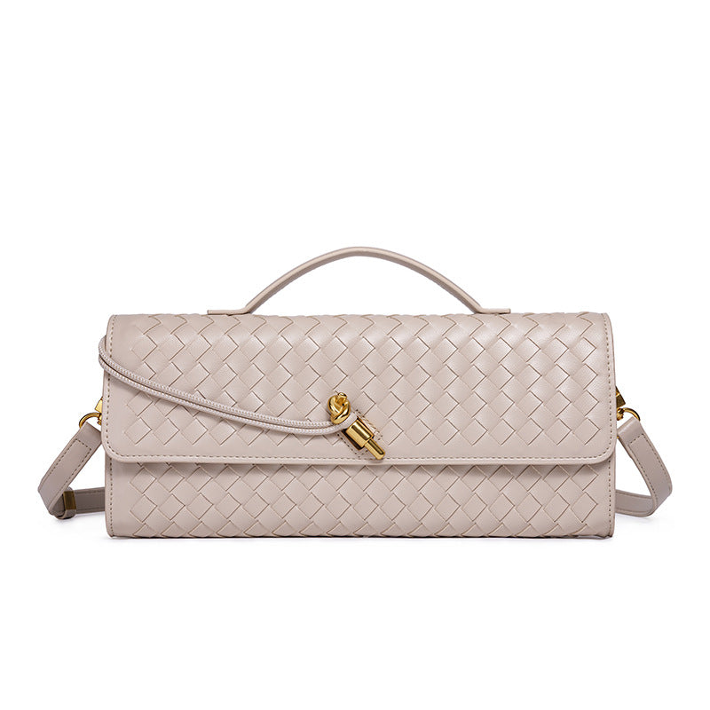 Woven Leather Clutch with Classic Pattern and Clasp Closure, view 5