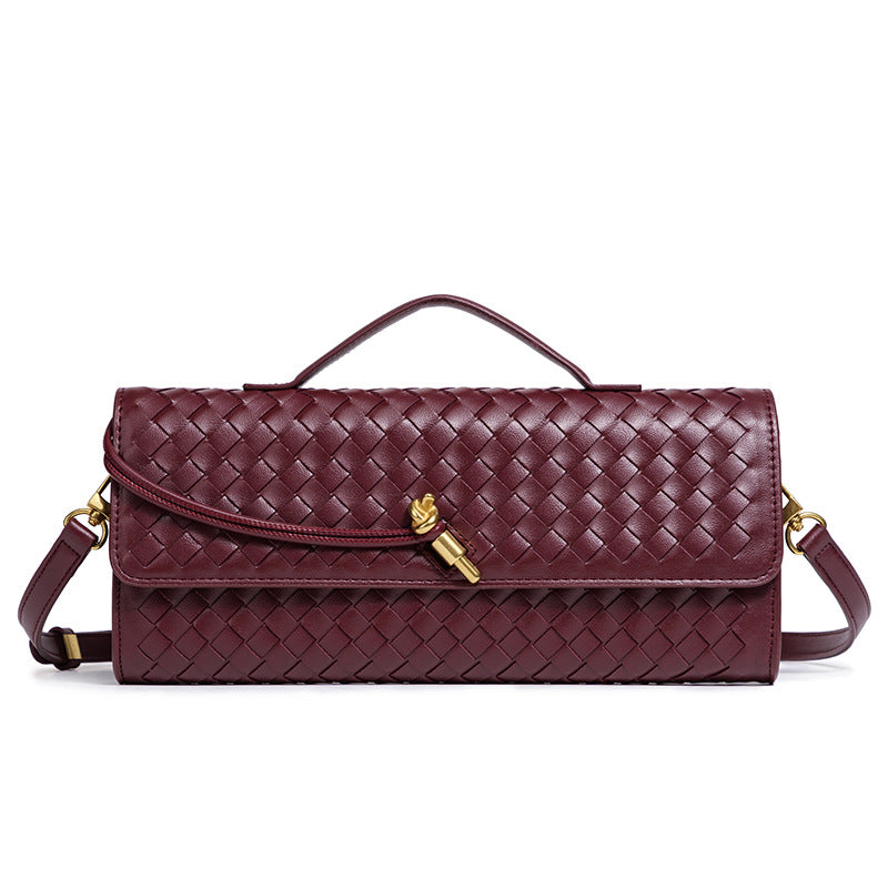 Woven Leather Clutch with Classic Pattern and Clasp Closure, view 7