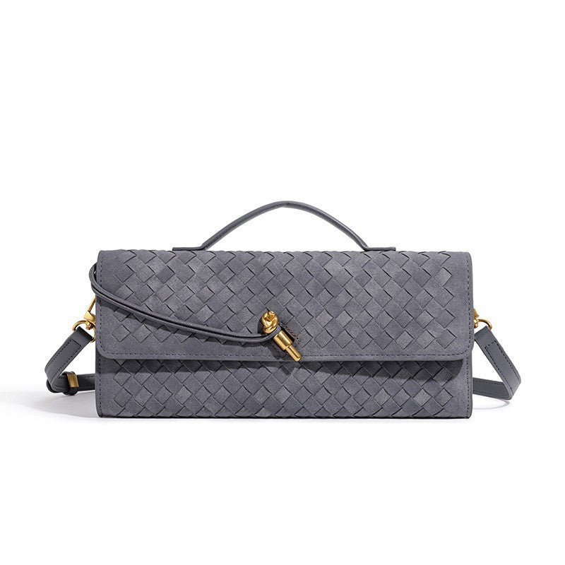 Woven Leather Clutch with Classic Pattern and Clasp Closure, view 9