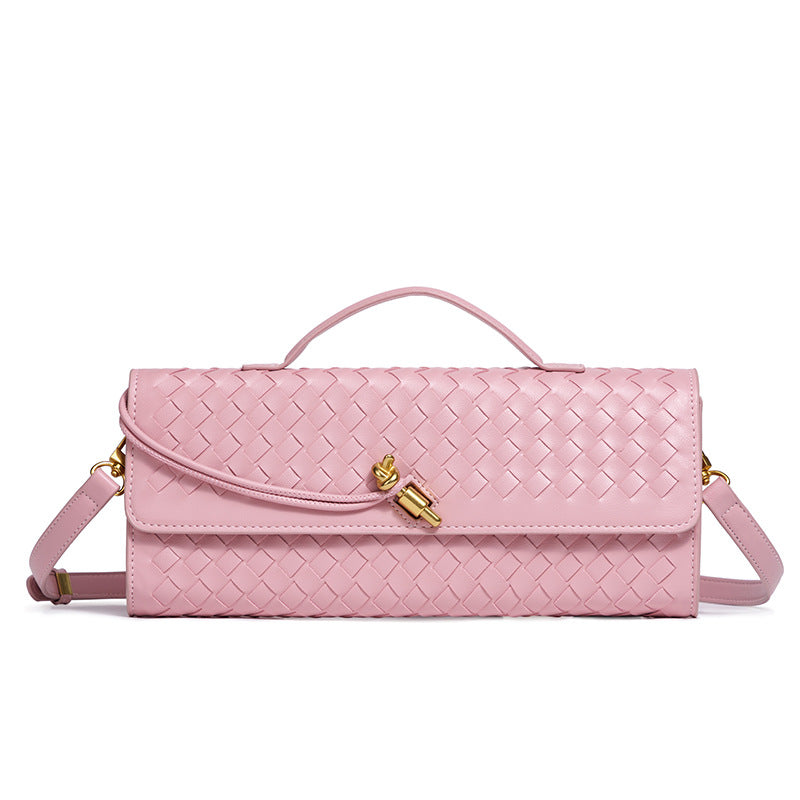 Woven Leather Clutch with Classic Pattern and Clasp Closure