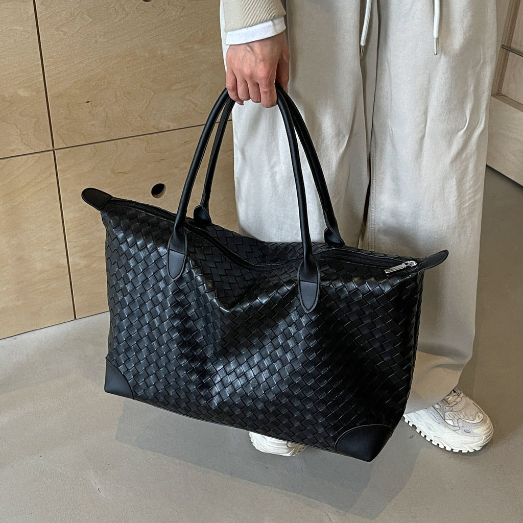 Woven Leather Travel Duffle Bag with Padded Handles in Black, view 3