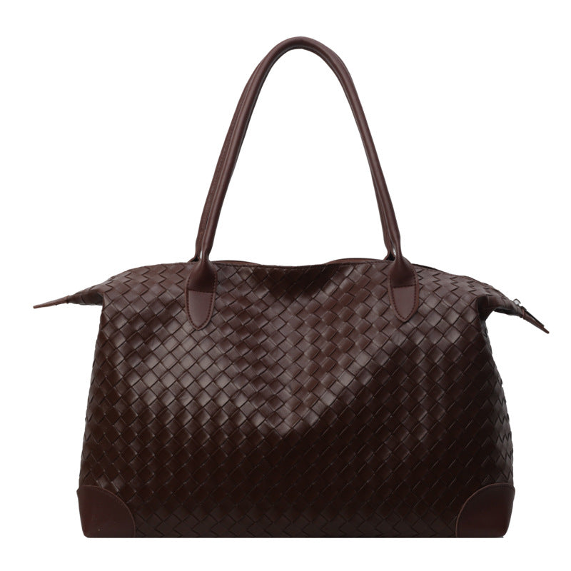 Woven Leather Travel Duffle Bag with Padded Handles in Black, view 4