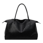 Woven Leather Travel Duffle Bag with Padded Handles in Black, view 7