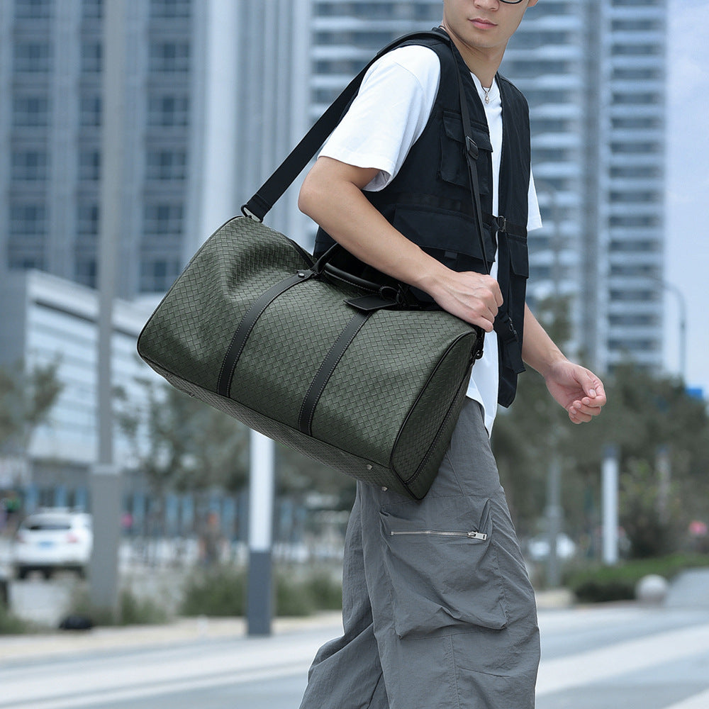 Woven Leather Weekend Travel Duffle Bag with Adjustable Shoulder Strap, view 3